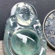 高冰飘花笑佛，尺寸:35.3*23.2*7.3mm，质量一流，冰润通透，底子白净，飘花漂亮，果冻感十