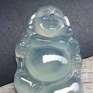 飘绿彩布袋佛，尺寸：45.5*25.3*6.5mm，种水足，水润飘绿彩，满面喜色，饱满品相佳，通透起