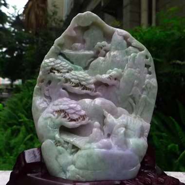 翡翠A货老坑水润春带彩精工指日高升山水摆件 约裸石尺寸：200/245/70 连底坐：280/190