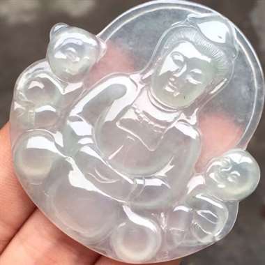 福利！冰种送子观音：完美无裂纹，种老起胶，雕工精致，饱满，尺寸：53.5/53.6/5.2 ，tm1