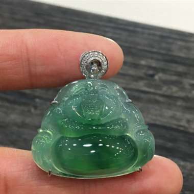 蓝水冰佛公[色]，完美起光，饱满圆润，面相好，笑口常开，18K白金南非真钻镶嵌，质量一流，性价比高，
