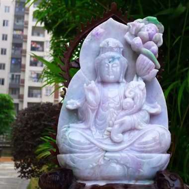 老坑大件观音摆件 精美水润 冰糯 春带彩 精美 观音菩萨 雕刻精美线条流畅种水好 搭配精美高档檀木底