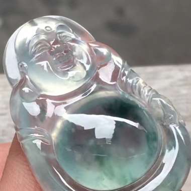 高冰飘花笑佛，尺寸:35.3*23.2*7.3mm，质量一流，冰润通透，底子白净，飘花漂亮，果冻感十