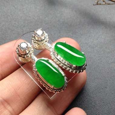 冰种阳绿耳坠 铜托 裸石14-7毫米