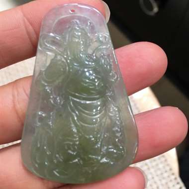 天然翡翠A货冰黄完美守护神关公吊坠