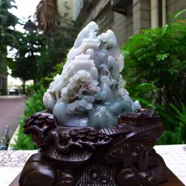 翡翠A货老坑糯冰精工飘花拜师学艺步步高升山子摆件 约裸石尺寸：170/160/85 连底坐：280/