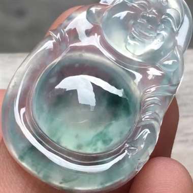 高冰飘花笑佛，尺寸:35.3*23.2*7.3mm，质量一流，冰润通透，底子白净，飘花漂亮，果冻感十