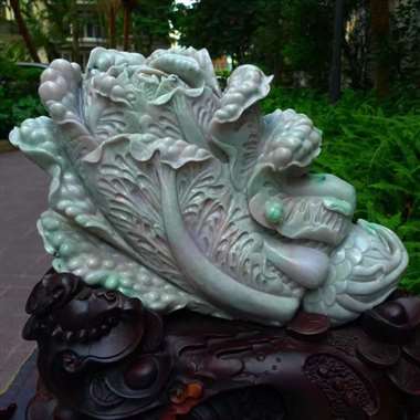 翡翠A货老坑水润精工浅紫罗兰大件厚装百财聚来白菜摆件 约裸石尺寸：420/270/150 mm 裸