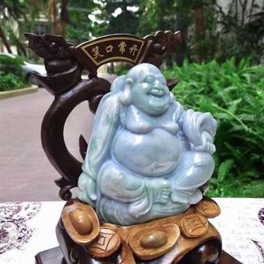 翡翠A货老坑水润紫气东来笑口常开弥尔佛摆件 约裸石尺寸:170/160/60 连底坐:320/220 翡翠A货老坑水润紫气东来笑口常开弥尔佛摆件 约裸石尺寸:170/160/60 连底坐:320/220