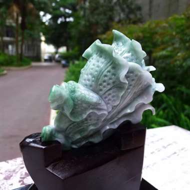 翡翠A货老坑水润飘阳绿精工招财进宝白菜摆件 约裸石尺寸： 110/140/50连底坐：220/180