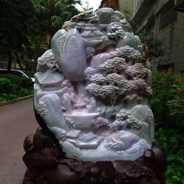 翡翠A货老坑水润春带彩特色黄翡松下老人指点江山厚装大块头山水摆件 约裸石尺寸：480/380/120
