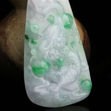 -天然A货翡翠糯种飘翠龙戏珠挂件  016-090  -长6