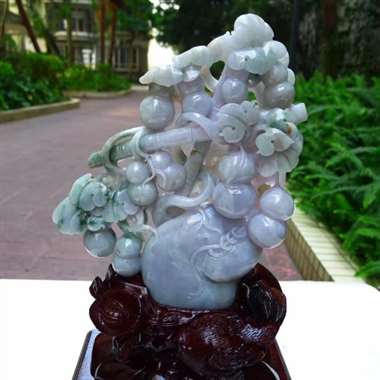 翡翠A货老坑水润浅紫罗兰飘花精工葫芦福禄双全摆件 约裸石尺寸：210/150/30 连底坐：310/