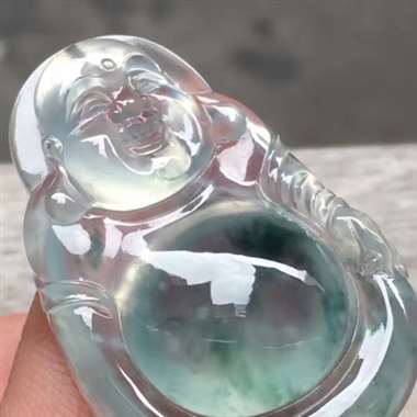 高冰飘花笑佛，尺寸:35.3*23.2*7.3mm，质量一流，冰润通透，底子白净，飘花漂亮，果冻感十