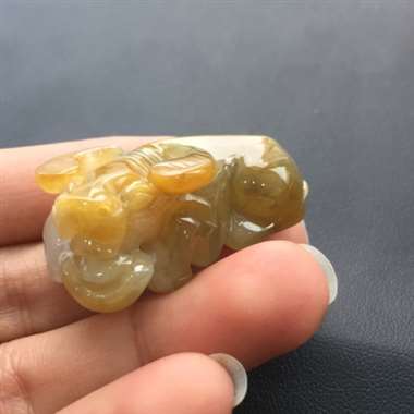 糯种黄翡，种色完美，俯首甘为孺子牛，诚恳勤劳低调。完美 尺寸：37.6-22.8-14.9