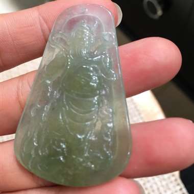 天然翡翠A货冰黄完美守护神关公吊坠