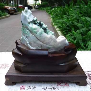 翡翠A货飘花精工寿比南山老子出山立体雕山子摆件 约裸石尺寸：190/200/110 连底坐：300