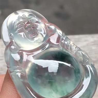 高冰飘花笑佛，尺寸:35.3*23.2*7.3mm，质量一流，冰润通透，底子白净，飘花漂亮，果冻感十
