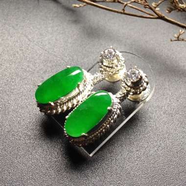 冰种阳绿耳坠 铜托 裸石14-7毫米