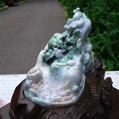 翡翠A货飘花精工寿比南山老子出山立体雕山子摆件 约裸石尺寸：190/200/110 连底坐：300