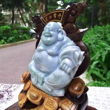 翡翠A货老坑水润紫气东来笑口常开弥尔佛摆件 约裸石尺寸：170/160/60 连底坐：320/220