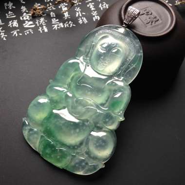 高冰种雪花棉飘绿花观音 18K金扣 尺寸67-42-6.5毫米