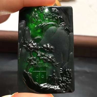 冰种墨翠山水牌 黑度黑亮 打灯翠绿 雕工精美 尺寸:51-34.2-6.7