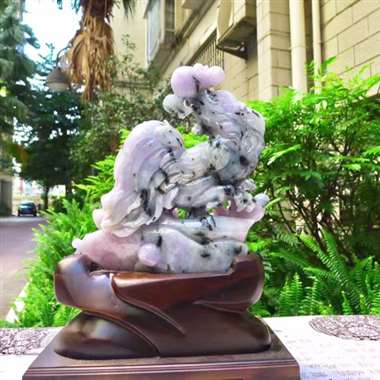 翡翠A货老种冰透紫底金鸡报晓，阖家辛福，公鸡摆件 约裸石尺寸：230/200/65 连底坐：330/