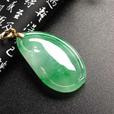 冰种阳绿莲花观音 18K金扣 尺寸36-20-7毫米