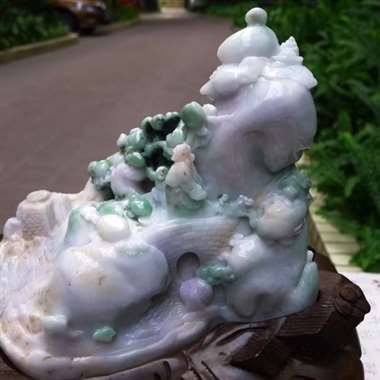翡翠A货飘花精工寿比南山老子出山立体雕山子摆件 约裸石尺寸：190/200/110 连底坐：300
