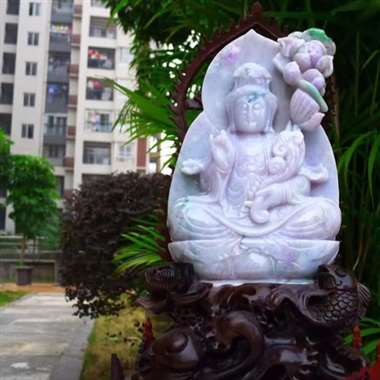 老坑大件观音摆件 精美水润 冰糯 春带彩 精美 观音菩萨 雕刻精美线条流畅种水好 搭配精美高档檀木底