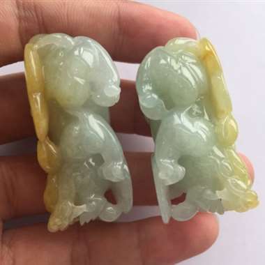 糯种飘黄翡貔貅挂件一对