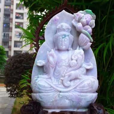 老坑大件观音摆件 精美水润 冰糯 春带彩 精美 观音菩萨 雕刻精美线条流畅种水好 搭配精美高档檀木底