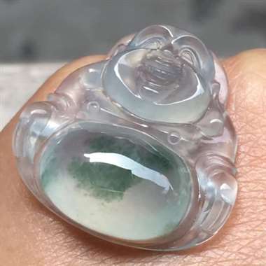 高冰飘彩佛公，尺寸：22.1*22.2*6mm，种好水足，细腻通透，花彩灵动，饱满厚庄，品相佳，完整