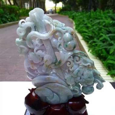 翡翠A货老坑水润浅紫罗兰飘花精工葫芦福禄双全摆件 约裸石尺寸：210/150/30 连底坐：310/