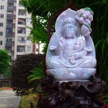老坑大件观音摆件 精美水润 冰糯 春带彩 精美 观音菩萨 雕刻精美线条流畅种水好 搭配精美高档檀木底