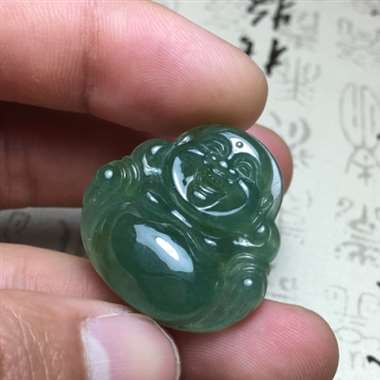 冰种油绿大笑佛 种老水足 雕工精美 完美无裂