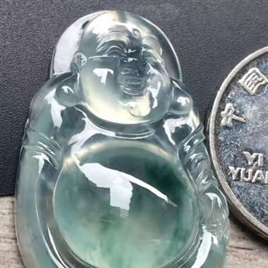 高冰飘花笑佛,尺寸:35.3*23.2*7.3mm,质量一流,冰润通透,底子白净,飘花漂亮,果冻感十 高冰飘花笑佛,尺寸:35.3*23.2*7.3mm,质量一流,冰润通透,底子白净,飘花漂亮,果冻感十
