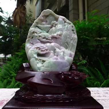 翡翠A货老坑水润春带彩精工指日高升山水摆件 约裸石尺寸：200/245/70 连底坐：280/190
