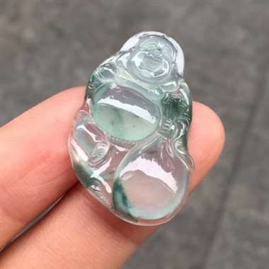 冰种飘花起光佛公吊坠，种老冰透，完美细腻，饱满圆润，性价比高，自然光实拍，大小：32.8/19.7/