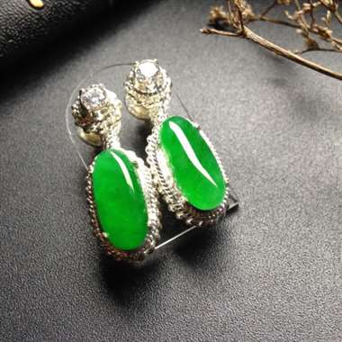 冰种阳绿耳坠 铜托 裸石14-7毫米