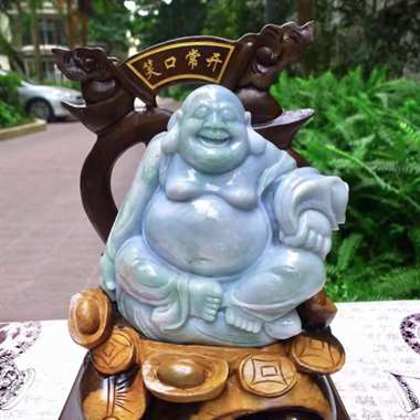 翡翠A货老坑水润紫气东来笑口常开弥尔佛摆件 约裸石尺寸：170/160/60 连底坐：320/220