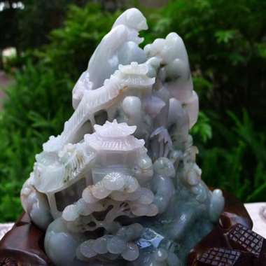 翡翠A货老坑糯冰精工飘花拜师学艺步步高升山子摆件 约裸石尺寸：170/160/85 连底坐：280/
