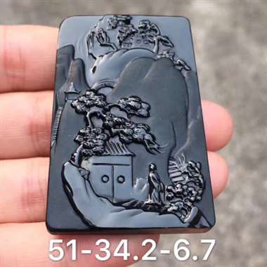 冰种墨翠山水牌 黑度黑亮 打灯翠绿 雕工精美 尺寸:51-34.2-6.7