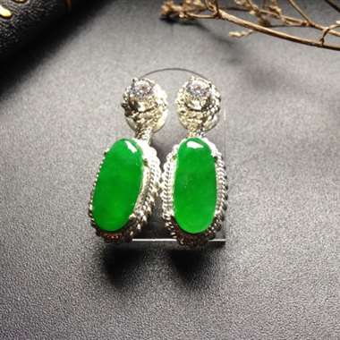 冰种阳绿耳坠 铜托 裸石14-7毫米