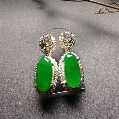 冰种阳绿耳坠 铜托 裸石14-7毫米