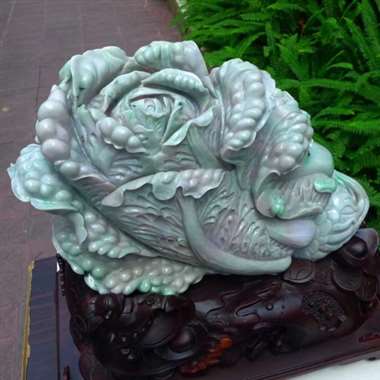 翡翠A货老坑水润精工浅紫罗兰大件厚装百财聚来白菜摆件 约裸石尺寸：420/270/150 mm 裸