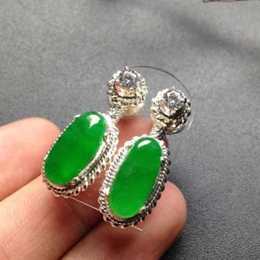 冰种阳绿耳坠 铜托 裸石14-7毫米